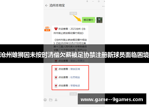 沧州雄狮因未按时清偿欠薪被足协禁注册新球员面临困境 沧州雄狮因未按时清偿欠薪被足协禁注册新球员面临困境