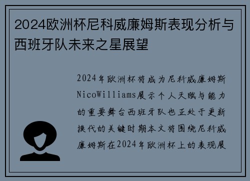 2024欧洲杯尼科威廉姆斯表现分析与西班牙队未来之星展望
